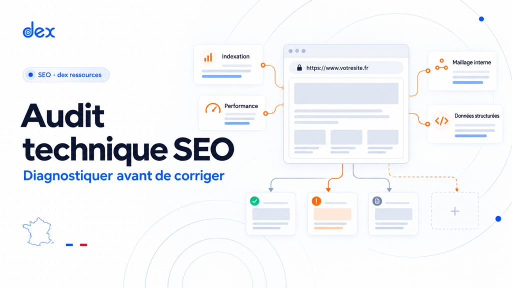 Illustration d’un audit technique SEO avec indexation, maillage interne, performance et données structurées