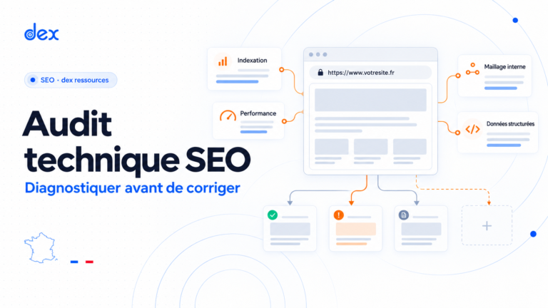 Illustration d’un audit technique SEO avec indexation, maillage interne, performance et données structurées