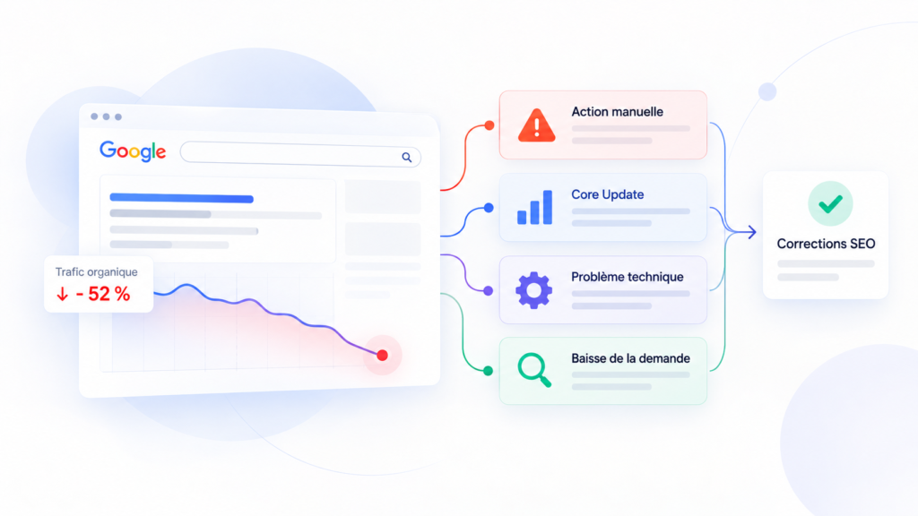 Illustration d’une chute de visibilité SEO avec diagnostic des causes d’une pénalité Google, d’une Core Update ou d’un problème technique.