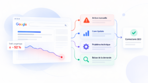 Illustration d’une chute de visibilité SEO avec diagnostic des causes d’une pénalité Google, d’une Core Update ou d’un problème technique.