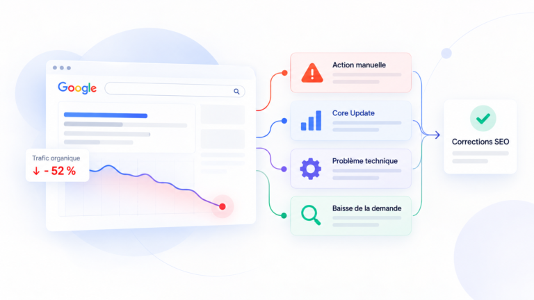 Illustration d’une chute de visibilité SEO avec diagnostic des causes d’une pénalité Google, d’une Core Update ou d’un problème technique.